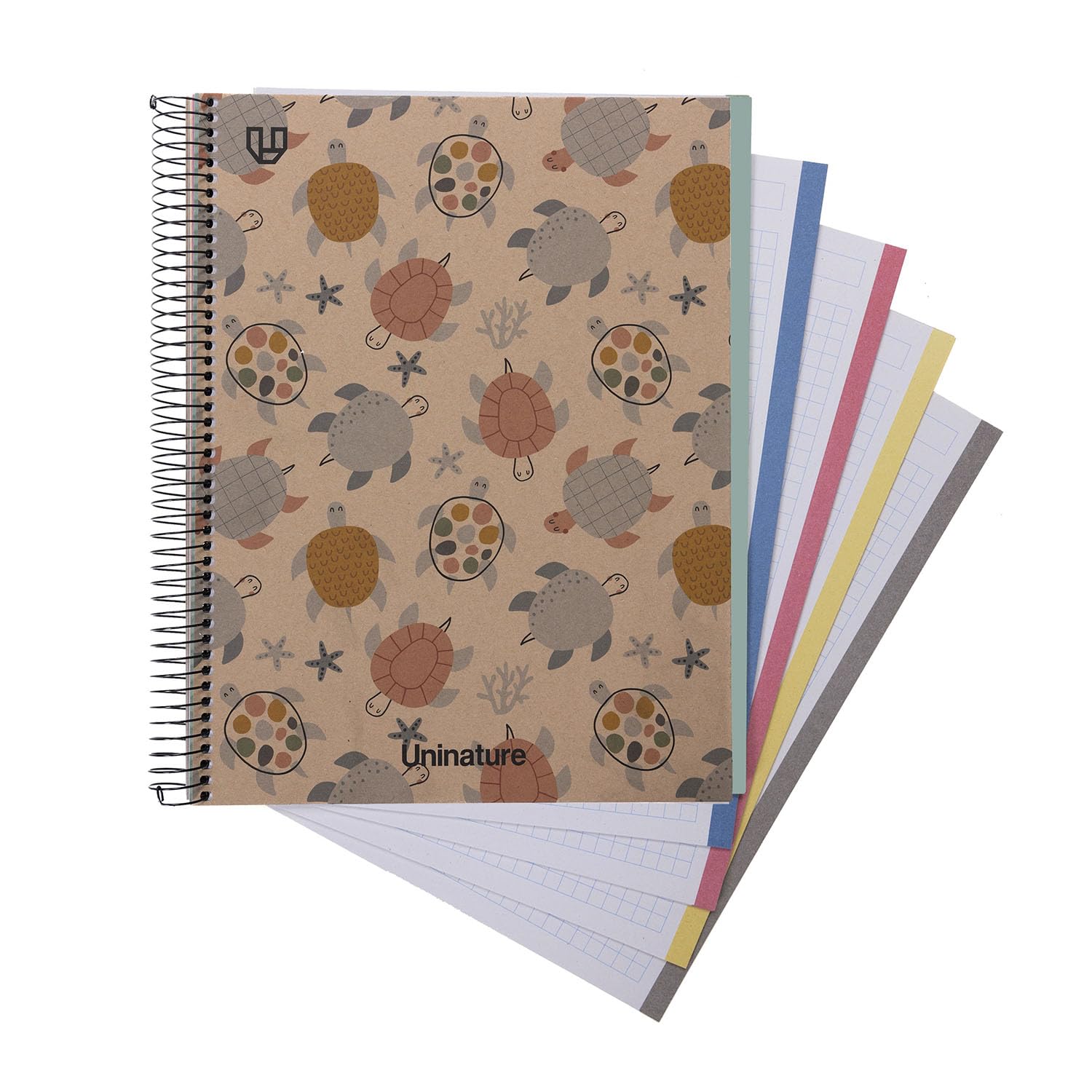 Unipapel - Recycled School Notebook A4, 100 Sheets 5x5 90 g, Squared, 5 Stripes Side Colour, Uninature Design Turtles, FSC Recycled 100%
