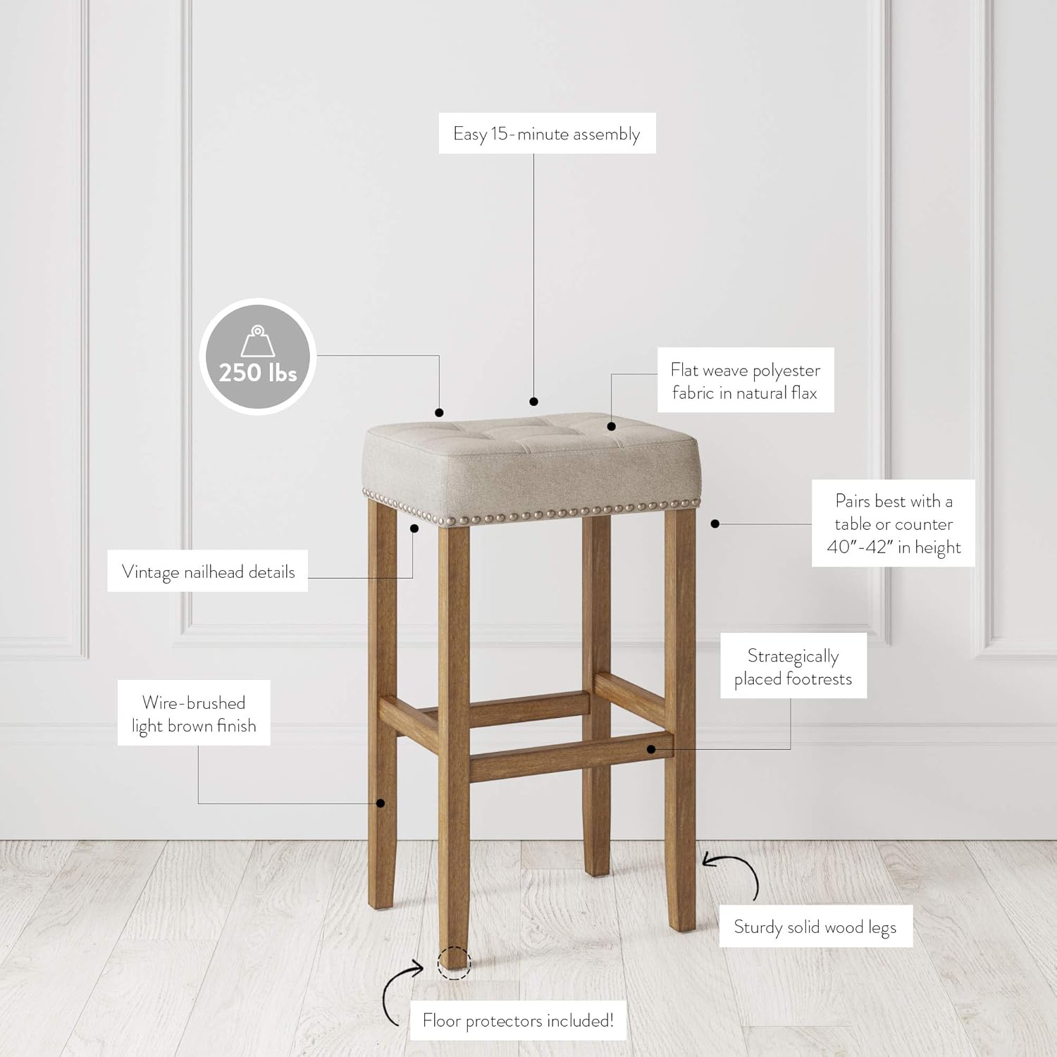 Nathan James Hylie Nailhead Wood Pub-Height Kitchen Counter Bar Stool 29", Natural Flax/Light Brown: Furniture & Decor