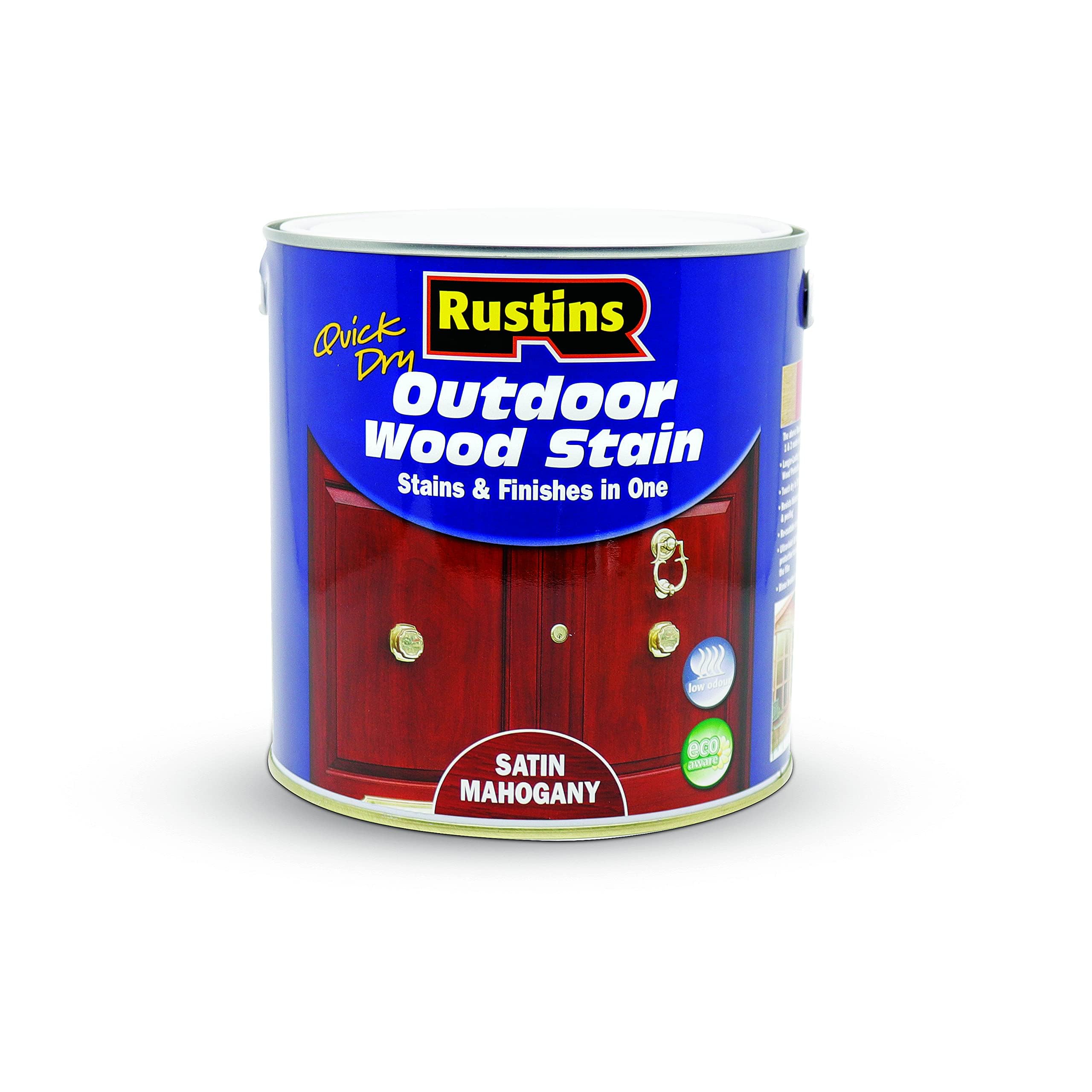 Rustins Quick Dry Outdoor Wood Stain Satin Mahogany 2.5ltr- Durable and Weather-Resistant Finish, Fast Drying, Vibrant Color for Decks, Fences, & Furniture, Available in Many Wood Shades