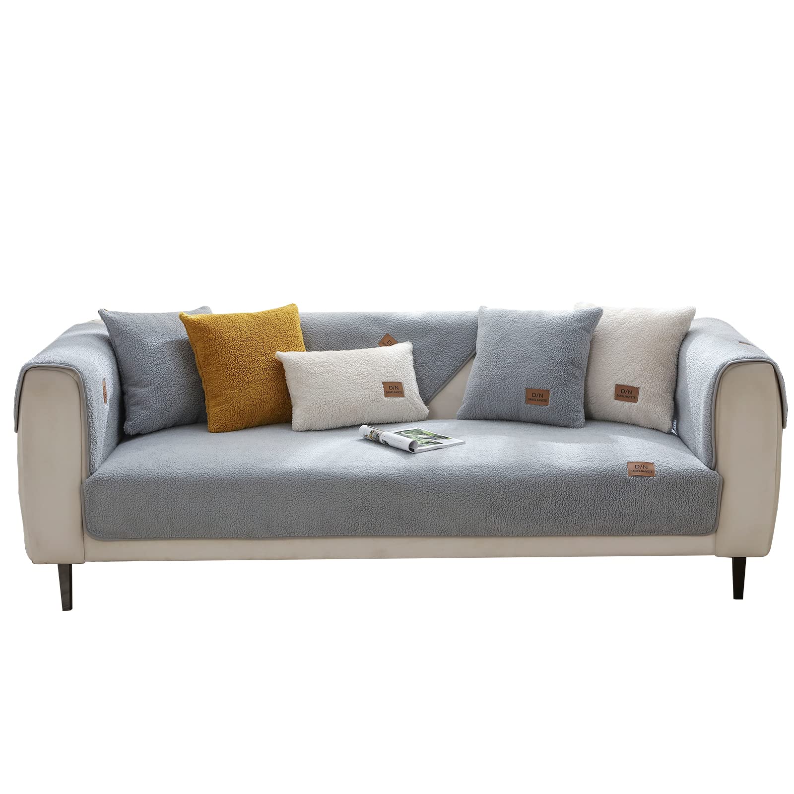 VanderHOME Sofa Cover 1 2 3 4 Seater, Lambswool Couch Cover,Universal Non-Slip Corner Sofa Cover L Shape Super Soft Autumn Winter Sofa Slipcovers for Living Room 110 * 240cm-Grey-seat cover(1 PC)