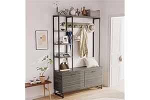 XANKZI Hall Tree with Bench and Shoe Storage, Entryway Bench with Coat Rack, 2 Hidden Shoe Cabinets with Doors, 5 Storage Shelves, 5 Metal Coat Hooks, Rustic Wood Mud Room Organizer Furniture (Gray Oak)