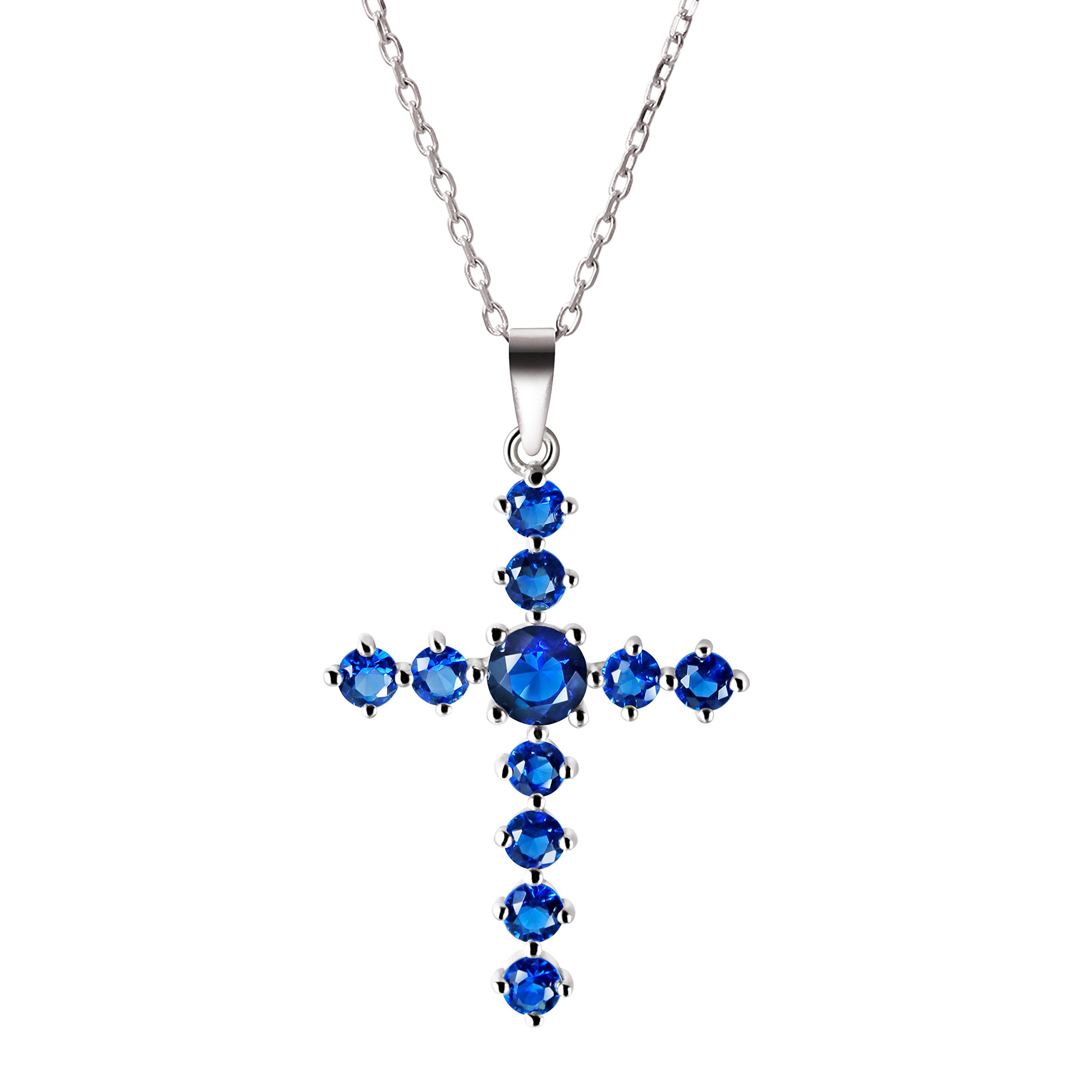 Franki Baker Created Blue Sapphire Crystal & 925 Sterling Silver Cross Pendant Necklace. Length: 50cm +5cm