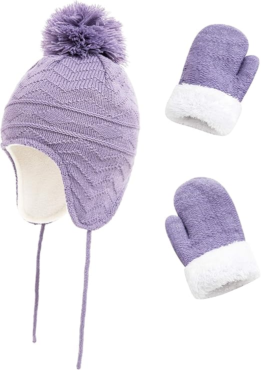 wiFndTu Kids Beanie Glove Set, Winter Ear Muff Beanie Pompom Knitted