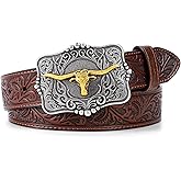 LALATCH Cowboy Cowgirl Belt Western Belts for Men Women Floral Engraved Longhorn Bull Buckle Belt for Jeans