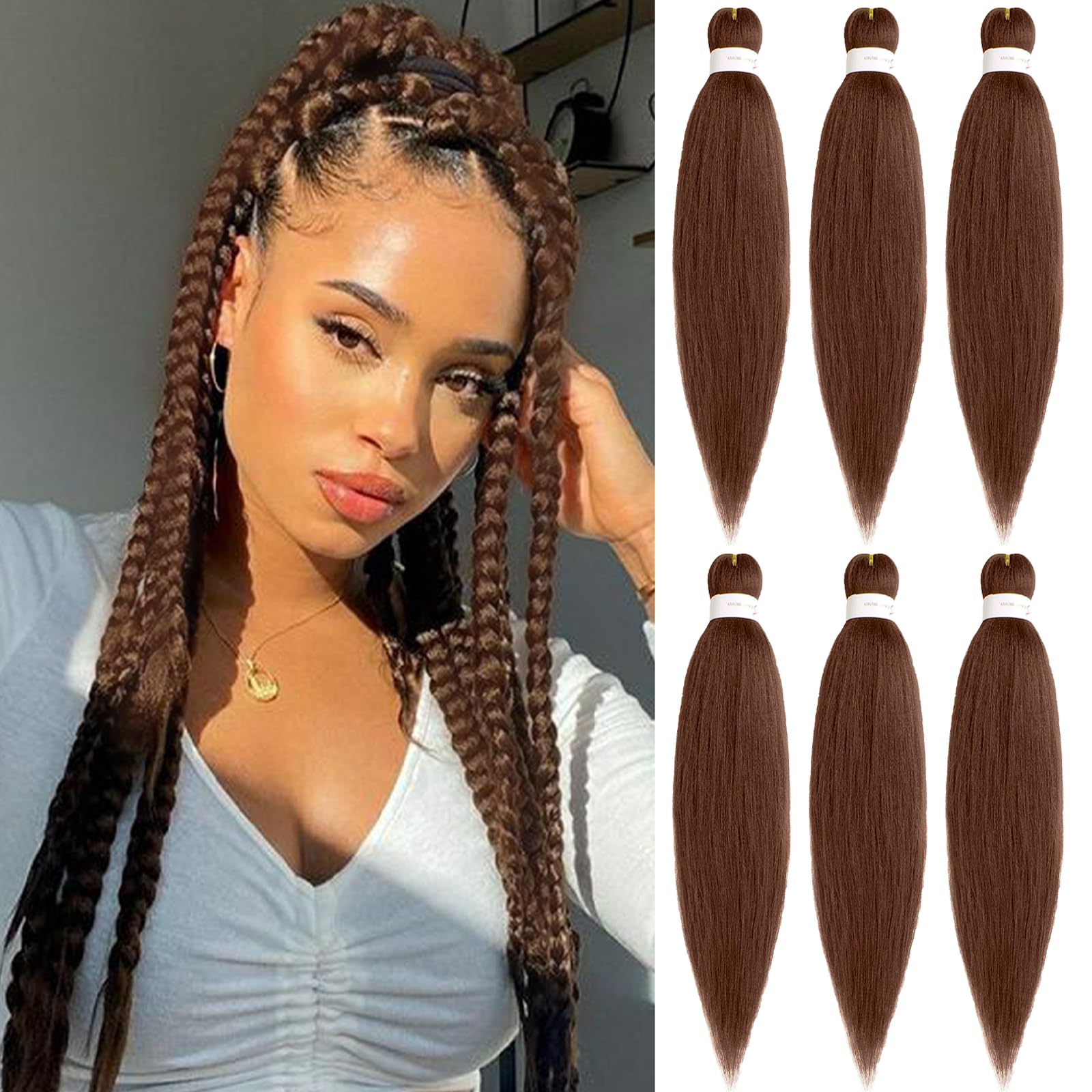Samtress 20 Inch 6 Packs Pre Stretched Braiding Hair Dark Brown EZ Braid Yaki Texture Kanekalon Synthetic Braiding Hair Extensions for Crochet Braids Hot Water Setting Easy Braid for Women (#30) — image 1