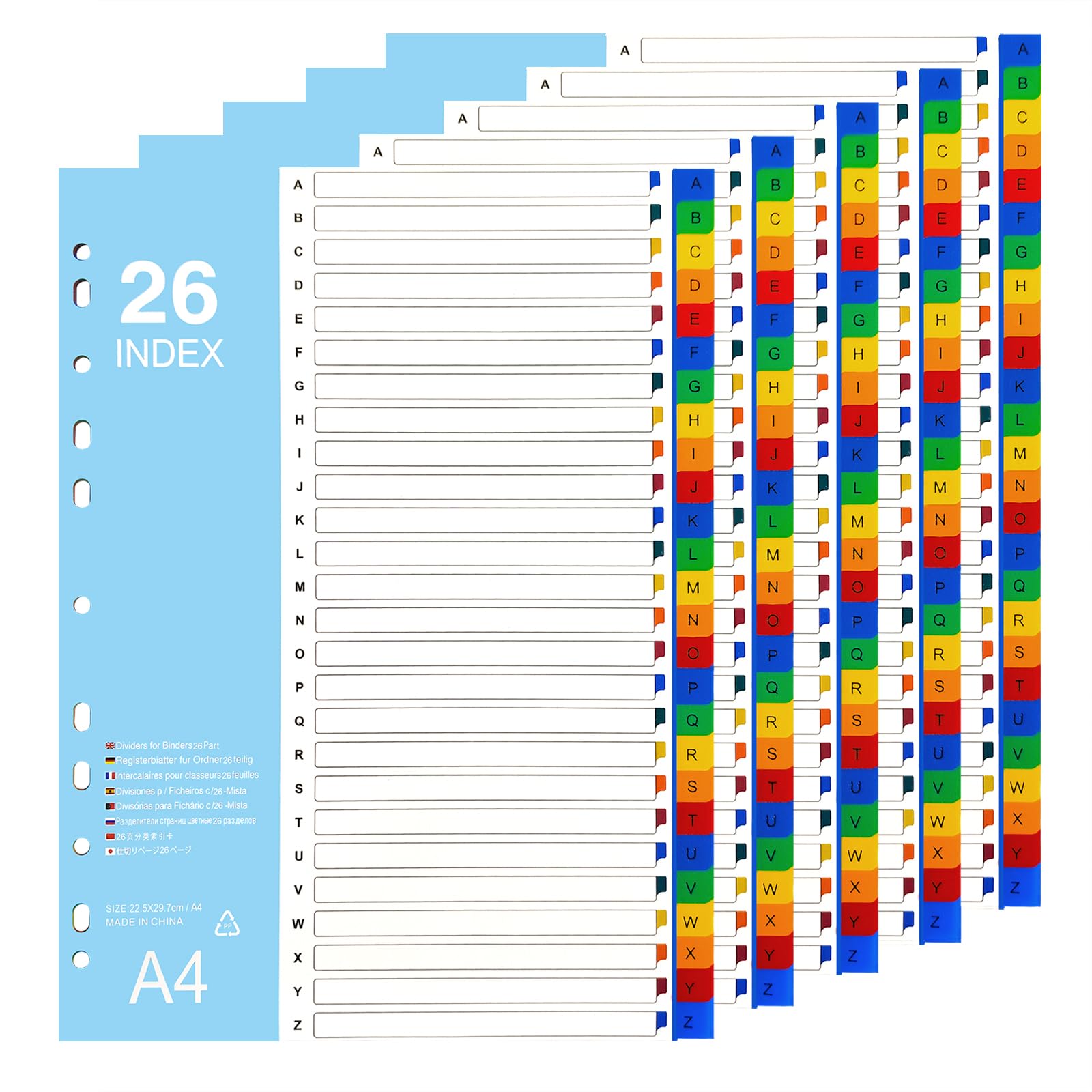 GUOKOFF A4 File Dividers, 26 Part Folder Dividers, A-Z Index Dividers, 5 Pack Plastic Binder Dividers with Multi Hole Punched, Subject Dividers for Lever Arch Files