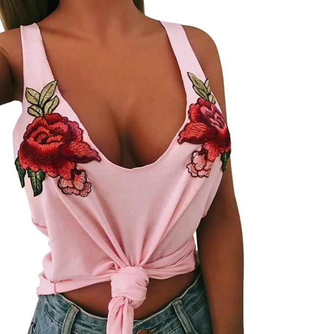 Damenmode Sexy V-Ausschnitt Applikationen Rose Ärmelloses Trägershirt Camis Bluse HUYURI