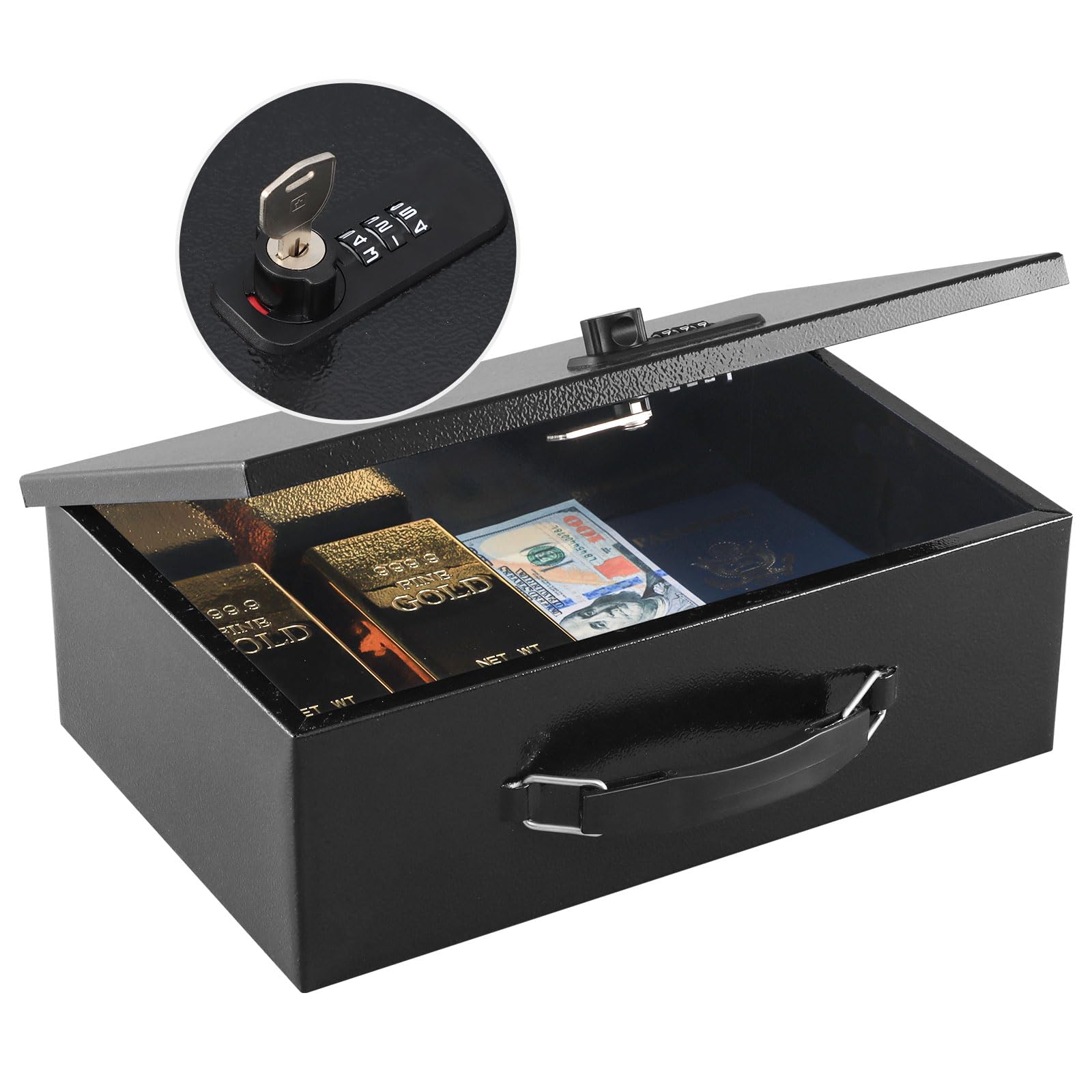 Photo 1 of KYODOLED Fireproof Lock Box for Documents, Dual Combination and Key Lock Security with Carrying Handle, Metal Strong Safe Box to Keep Personal Items,Documents, Exterior 12.8" x 8.4" x 4.5", Black