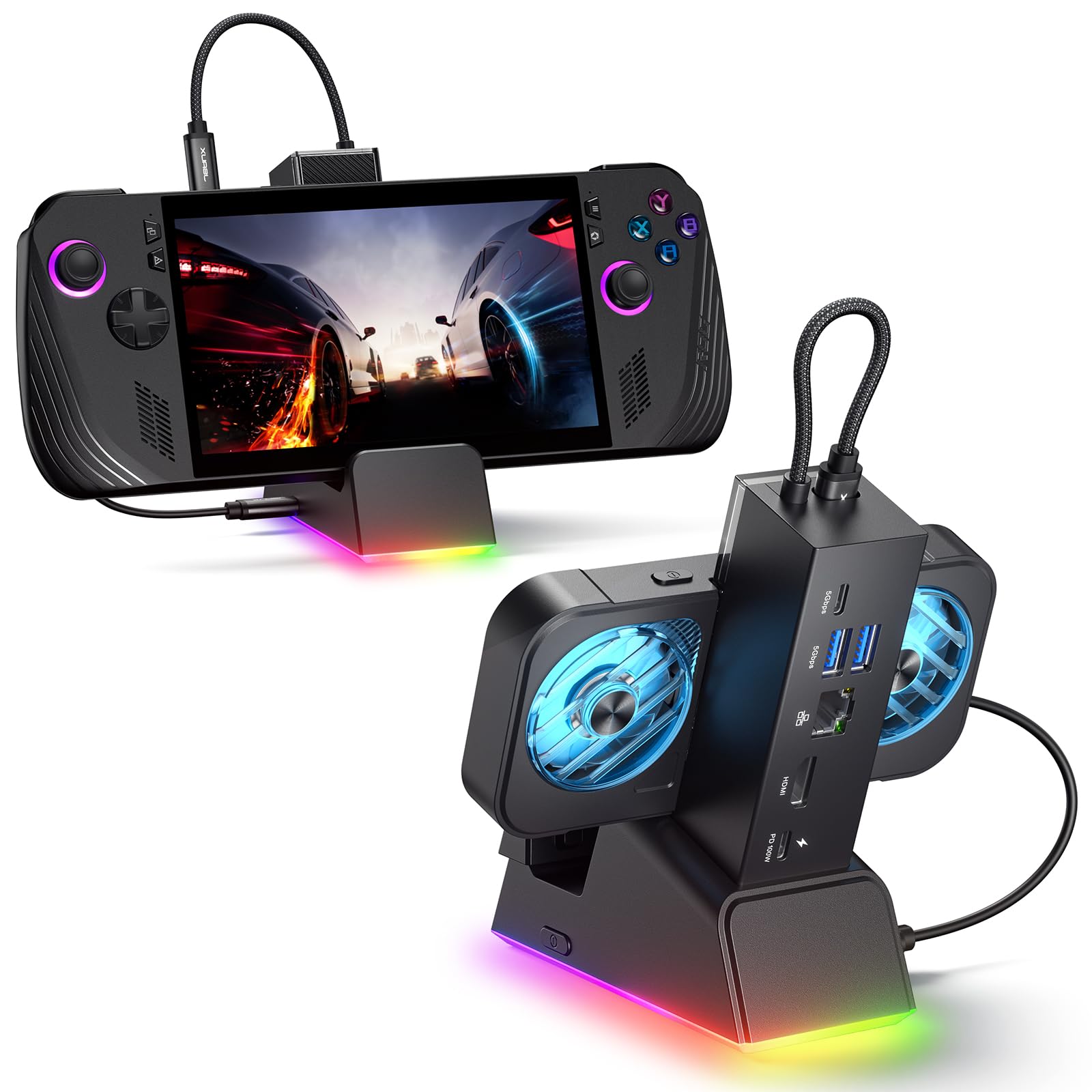 Photo 1 of JSAUX Docking Station for ROG Ally X/ROG Ally/Steam Deck/Legion Go, 7-in-1 Dock for ROG Ally X with RGB Cooling Fan, HDMI 4K@120Hz, Gigabit Ethernet, Dual USB & USB C 3.0, 100W PD Charging - HB0705