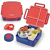 Norxely Bento Box for Kids with Thermos, [Large Capacity] Insulated Kids Lunch Box with 4 Compartment for Ages 3+, Drop-Proof & Dishwasher Safe Lunchbox Container Red-Blue