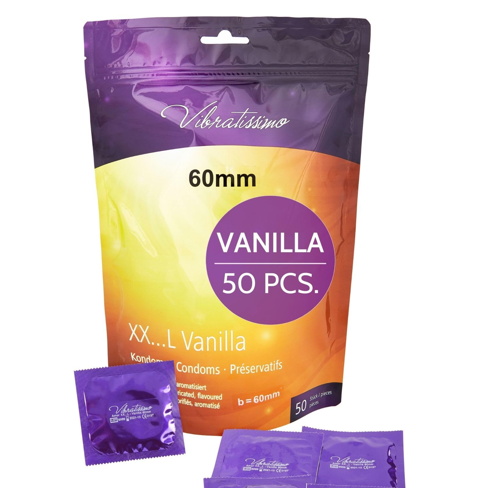 VIBRATISSIMO XXL Vanilla Condoms 50-Pack I Premium with Aroma I Condoms for Men I Vanilla Flavored with Thin Wall Thickness & Aromatized I Thin Feel I w=60mm