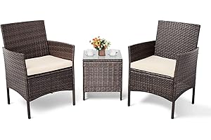 Brightpeak 3 Piece Outdoor Bistro Set, Patio Furniture Chairs, Brown Wicker Porch Furniture with Glass Coffee Table (Beige Cushion)