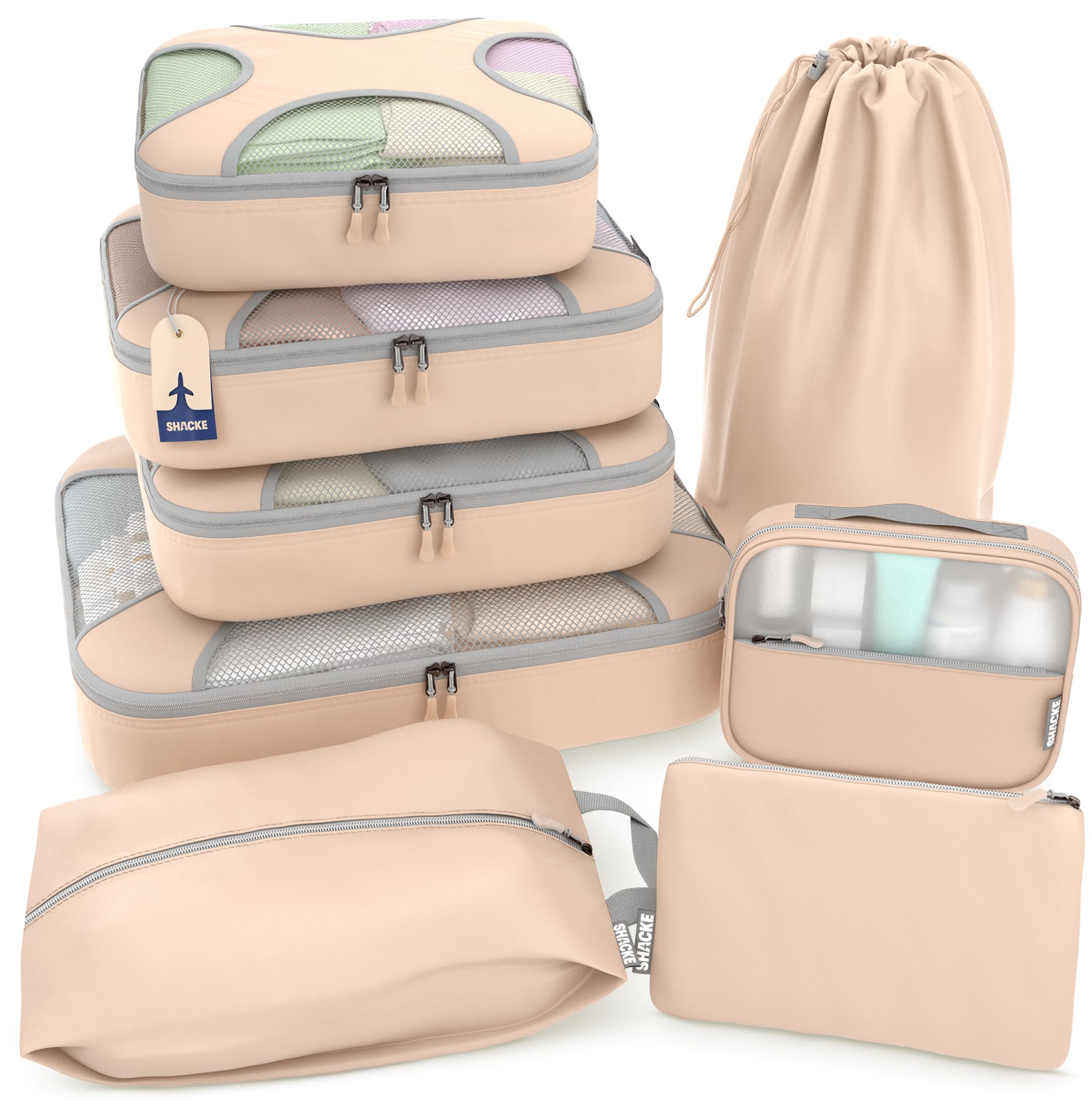 Shacke Premium 8 Packing Cubes Set - Lightweight Mesh Travel Luggage Organizers with Laundry Bag, 8-Piece Suitcase Storage System (Nude Biege) Image