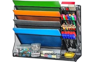 Jakyitvi File Organizer Wall Mounted, 4 Tiers Durable Adjustable Metal Desk Organizer, Desktop Hanging File Holder with 4 Pen Slots Stable, 4 Pull-Out Divider for File, Mail, Black, Patent Pending