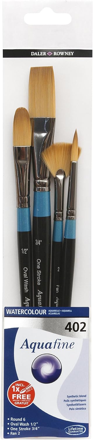 Daler Rowney, Set of 4 Watercolour Brushes, Aquafine 402, Handmade Black handle Short handle, WALLET 402 - 4 BRUSH SH