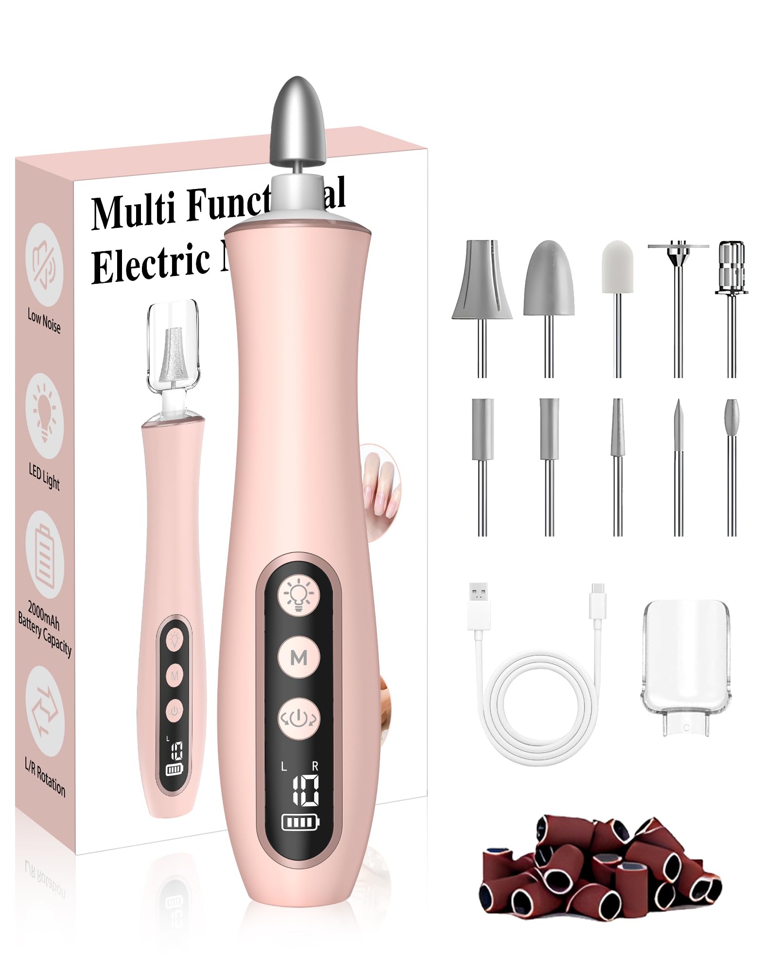 Atopskins Electric Nail File Nail Drill 10 in 1 Wireless Manicure Pedicure Set Kit 14000 RPM, Professional Nail Cutter 2000mAh Rechargeable 10 Bits LED Light 10 Speeds for Women Nail Acrylic (Pink)