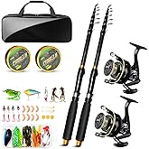 Telescopic Fishing Rod and Reel Combo Kit, 2PACK 6.9FT Carbon Fiber Collapsible Rods, Spinning Reels, Lures and Carrier Bag, Saltwater & Freshwater Travel Fishing Gear for Adults