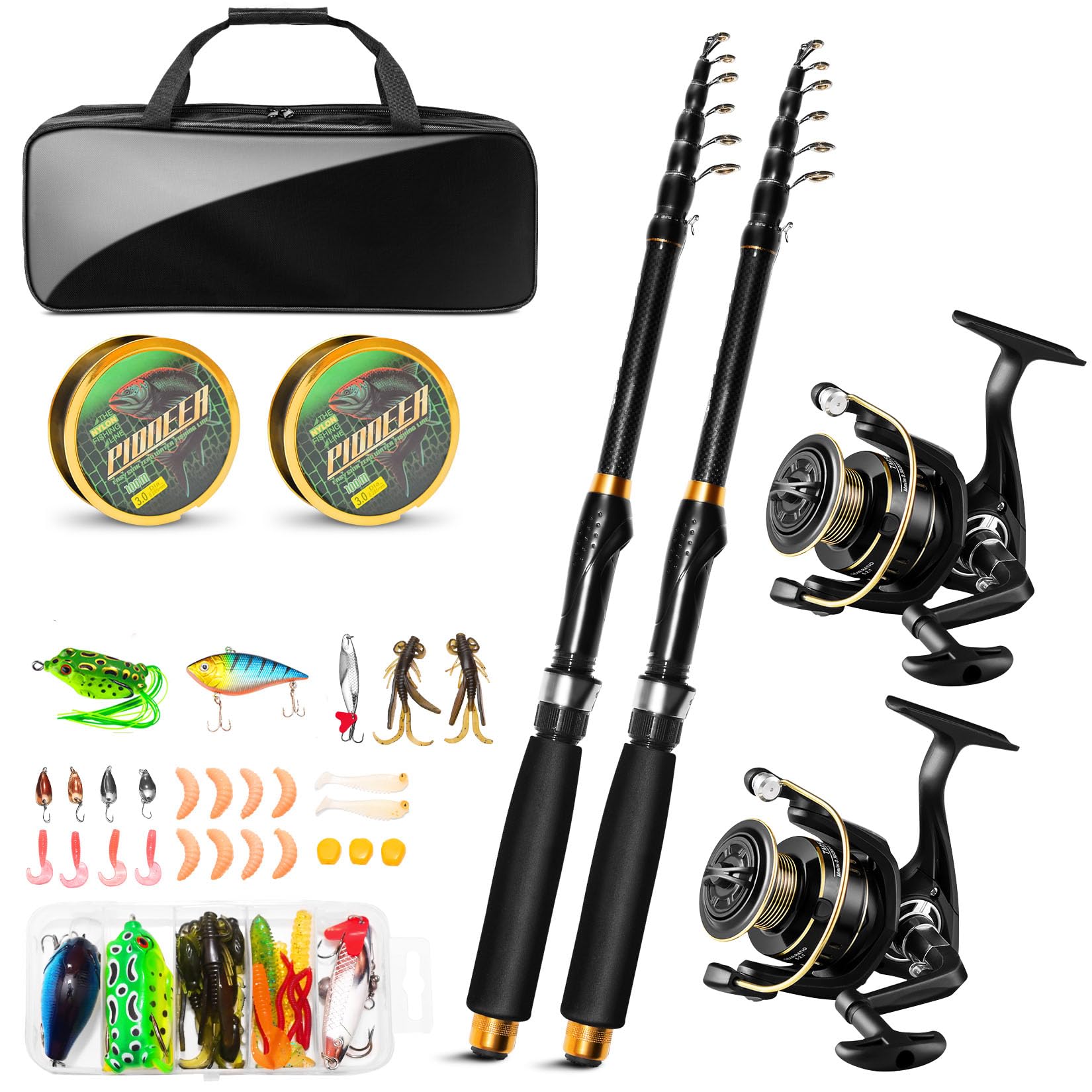 Telescopic Fishing Rod and Reel Combo Kit, 2PACK 6.9FT Carbon Fiber Collapsible Rods, Spinning Reels, Lures and Carrier Bag, Saltwater & Freshwater Travel Fishing Gear for Adults