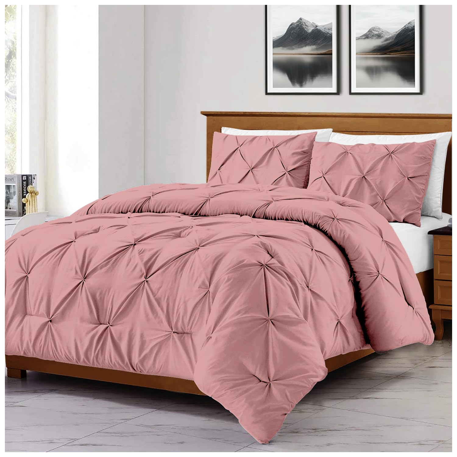 GC GAVENO CAVAILIA 3 Pieces Diamond Duvet Cover | Super Soft Pinch Pleat Bedding Double | Light Weight Pintuck 1x Quilt Cover Bedset With 2x Pillowcases | Soft Pink
