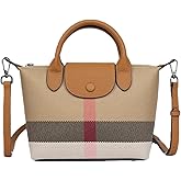FLOBLURA Mini Vintage Plaid purse handbags for women Small adjustable structured satchel purses Stiff canvas Genuine Leather