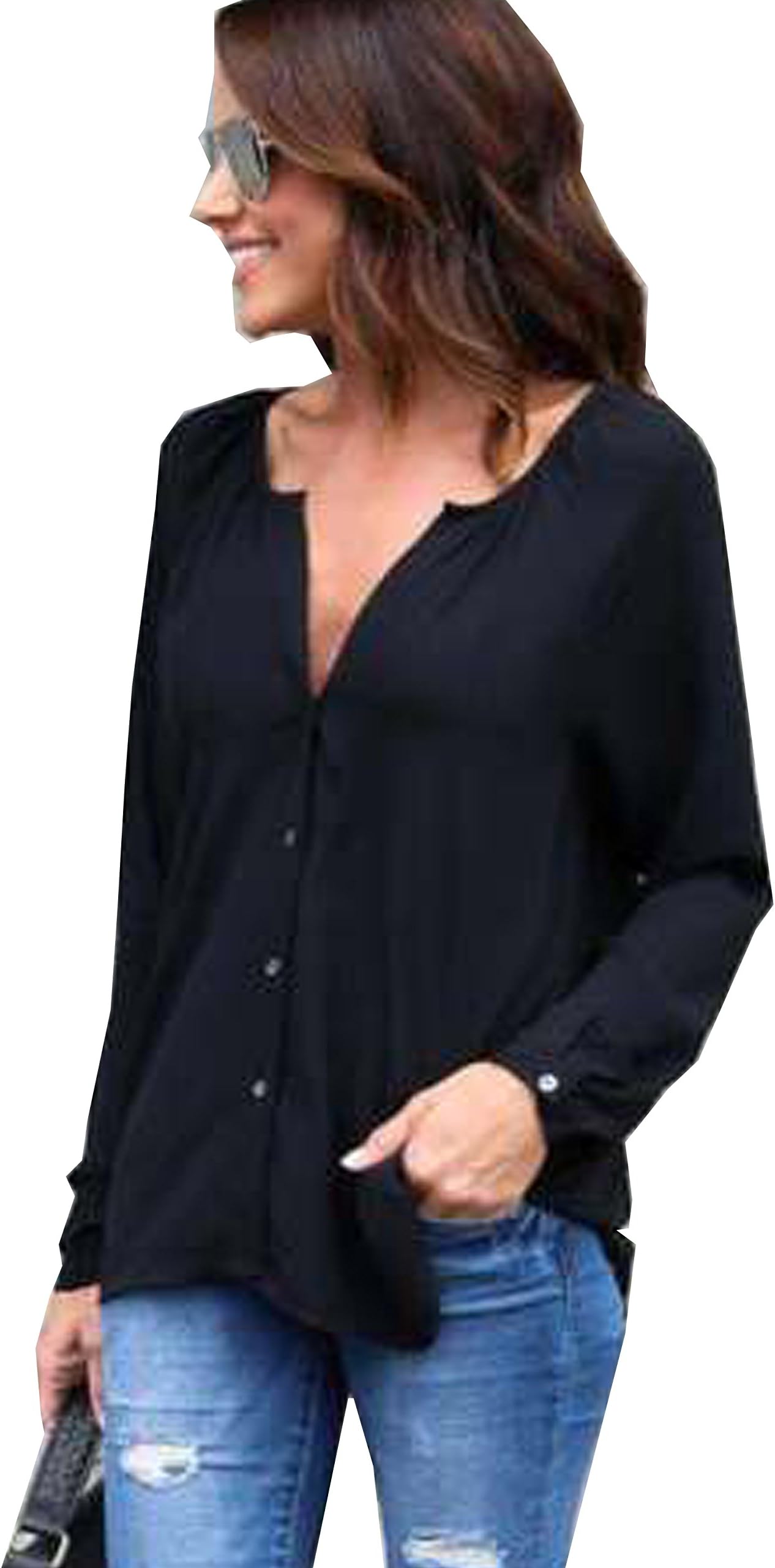 Flying Rabbit Women's Chiffon Cuffed Long Sleeve Button Down Shirts Casual V Neck Blouses Tops