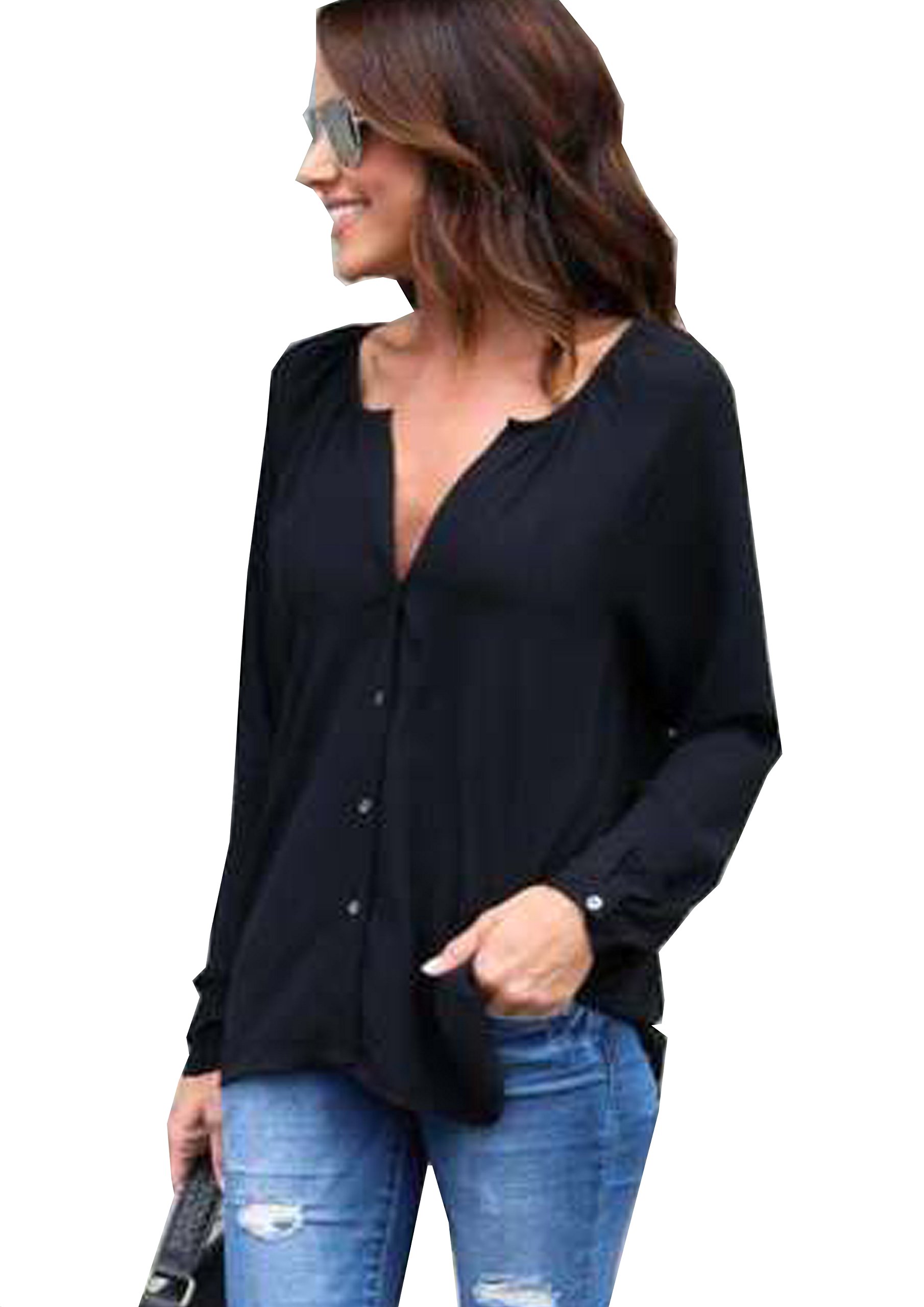 Flying Rabbit Women's Chiffon Cuffed Long Sleeve Button Down Shirts Casual V Neck Blouses Tops