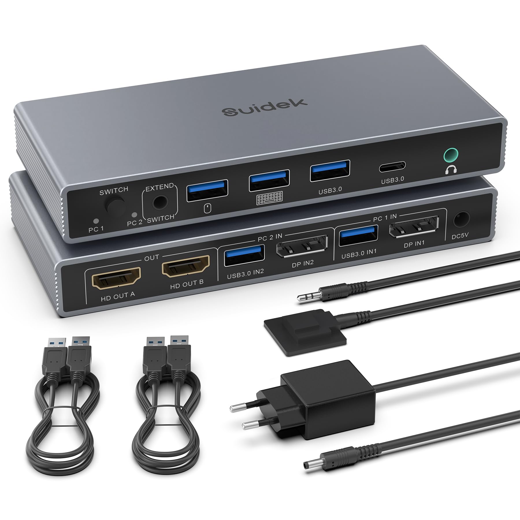 SUIDEK Displayport KVM Switch 2 Monitore 2 Computer, DP In HDMI Out 4K@60Hz KVM-Umschalter mit 4 USB- Ports für 2 DP-Computer teilen sich 2 HDMI-Monitore, inklusive Desktop-Controller und 5V-Netzteil