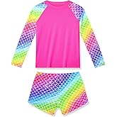 Tziharora Bathing Suits for Girl 9-10 Years Old Rainbow Fish Scale Long Sleeve Bathing Suits Two Piece Swimwear