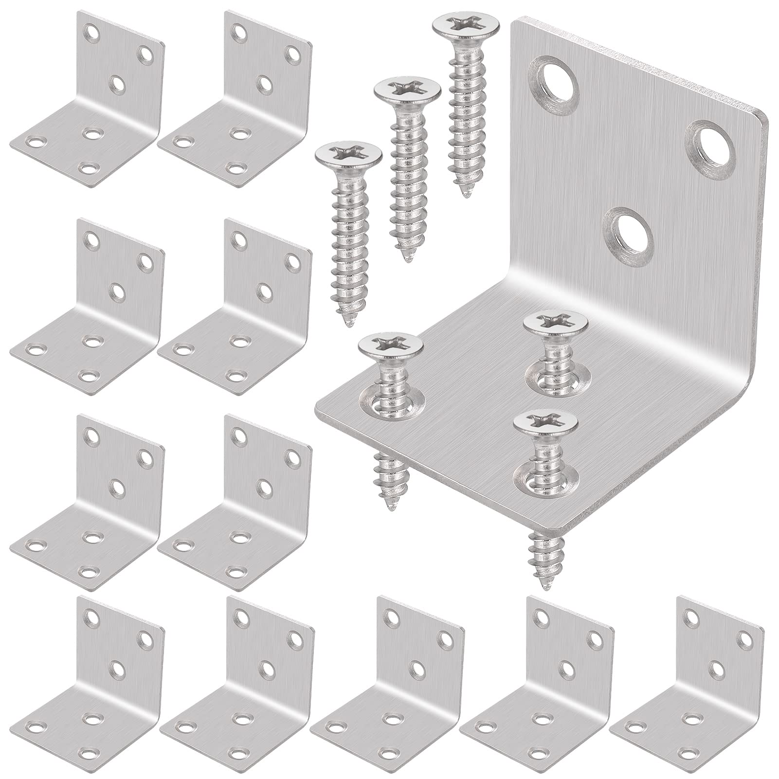 Hejo Thickened Angle Brackets(40 x 40 x 40 x2mm), 12pcs Stainless Steel L Bracket for Wood with 72pcs Screws, 6 Holes Heavy Duty Corner Bracket with Smooth Edges for DIY Furniture Fixations and Corner