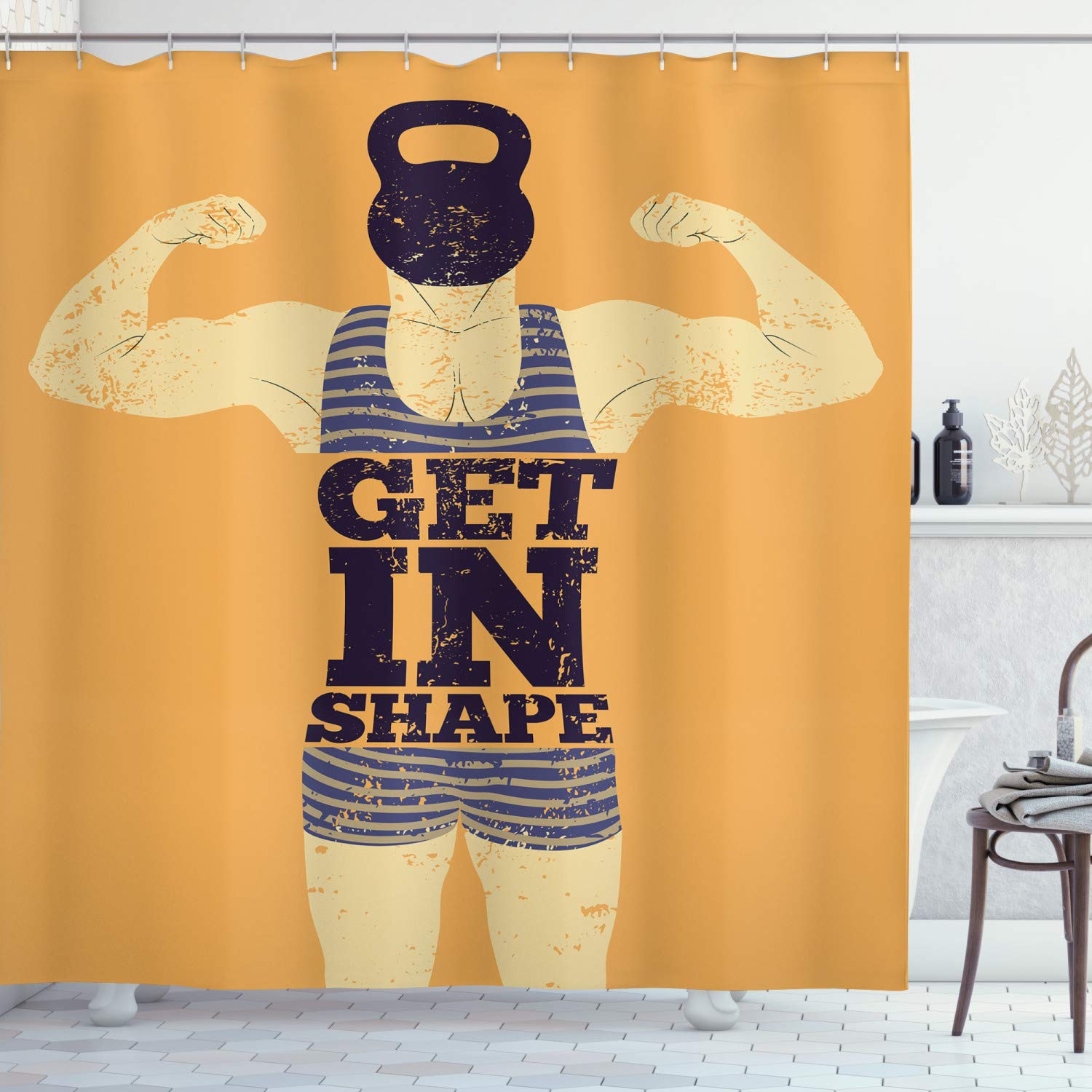 ABAKUHAUS Vintage Shower Curtain, Get in Shape with a Male Human Body with Muscles Bodybuilding Comic Design Image Print, Cloth Fabric Bathroom Decor Set with Hooks, 86 Inches Extra Long, Orange