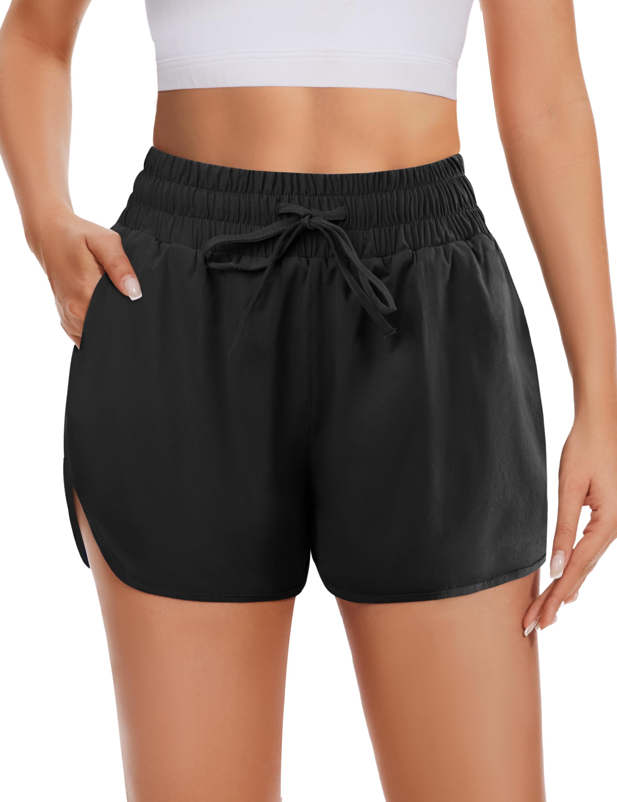 Photo 1 of DDOBB High Waisted Running Shorts for Women with Pockets, 2.5" Black Athletic Workout Gym Yoga Spandex Dolphin Elastic Shorts Black Medium