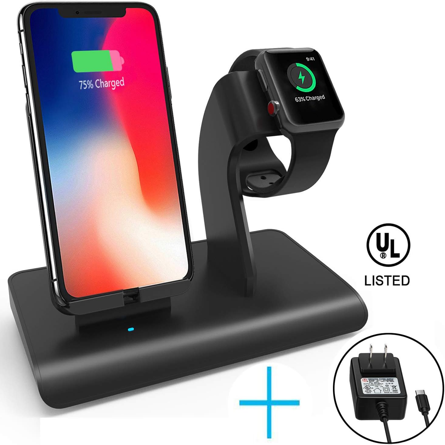 Charging Stand Compatible iPhone Apple Watch, Wireless Charger Dock Station Holder, Support XS/XS Max/XR/X/ 8 Plus & S9 Plus/ Note8, Fit Apple Watch All Series (UL Certified 5V/2A USB Adapter Include)