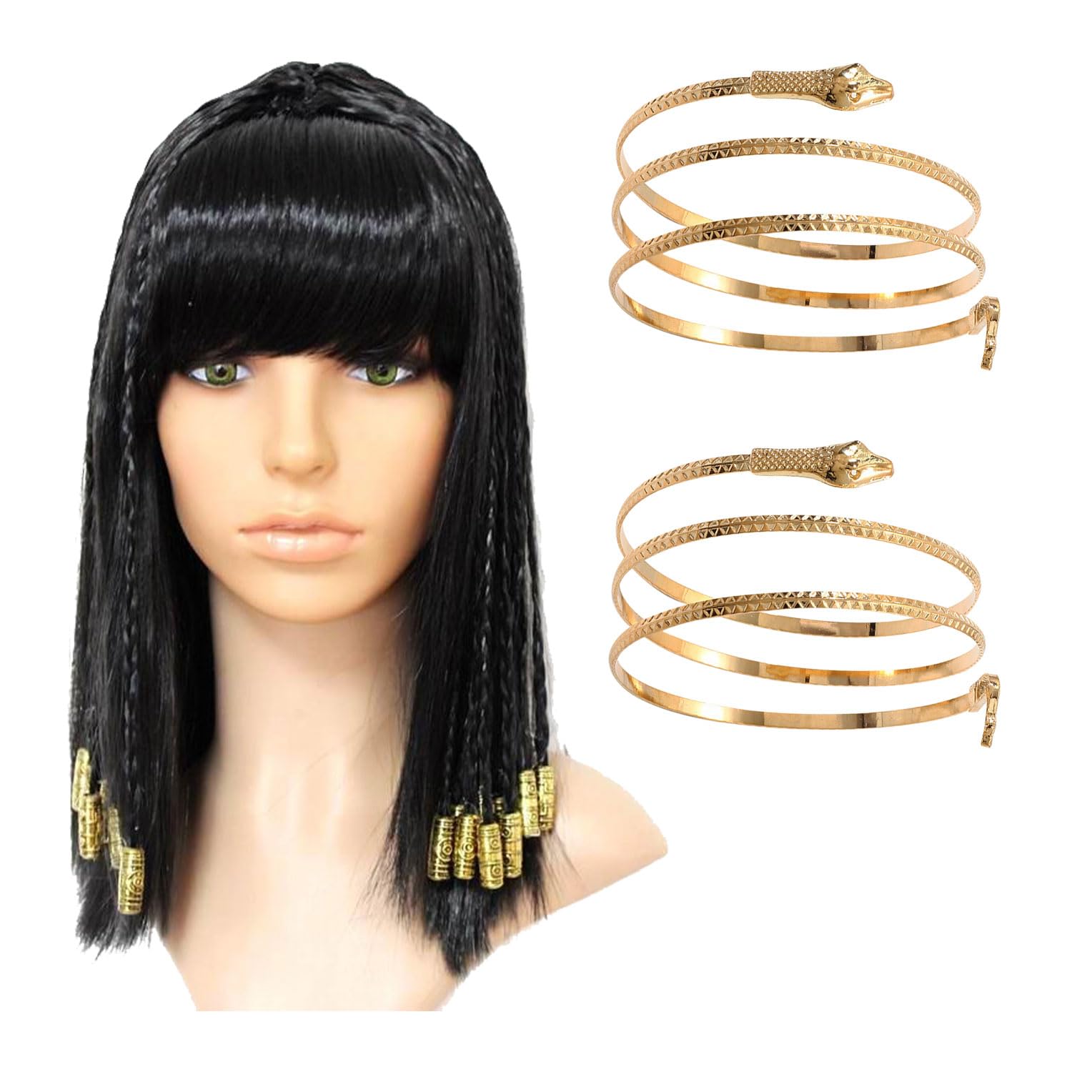Miaija 3Pieces Cleopatra Fancy Dress Set Cleopatra Gold Beads Scorpion Wig and Snake Upper Bracelets for Women Halloween Vintage Party Decoration