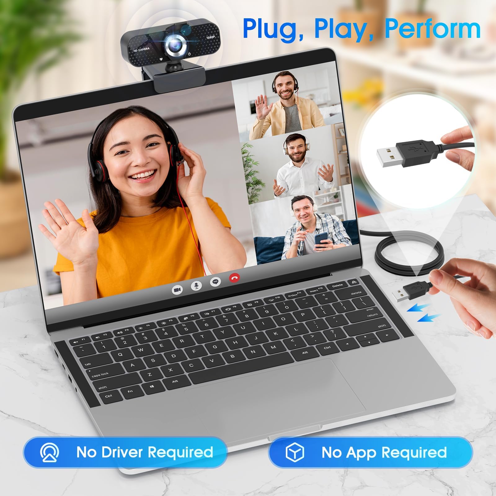 1080P HD Webcam with Microphone, Wide-Angle Lens, Auto Light Correction, Plug & Play USB Webcam for Laptop, Desktop, PC, Mac, Zoom, Skype, Streaming Black