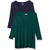Amazon Essentials Women's 3/4 Sleeve V-Neck Swing T-Shirt (Available in Plus Size), Pack of 2