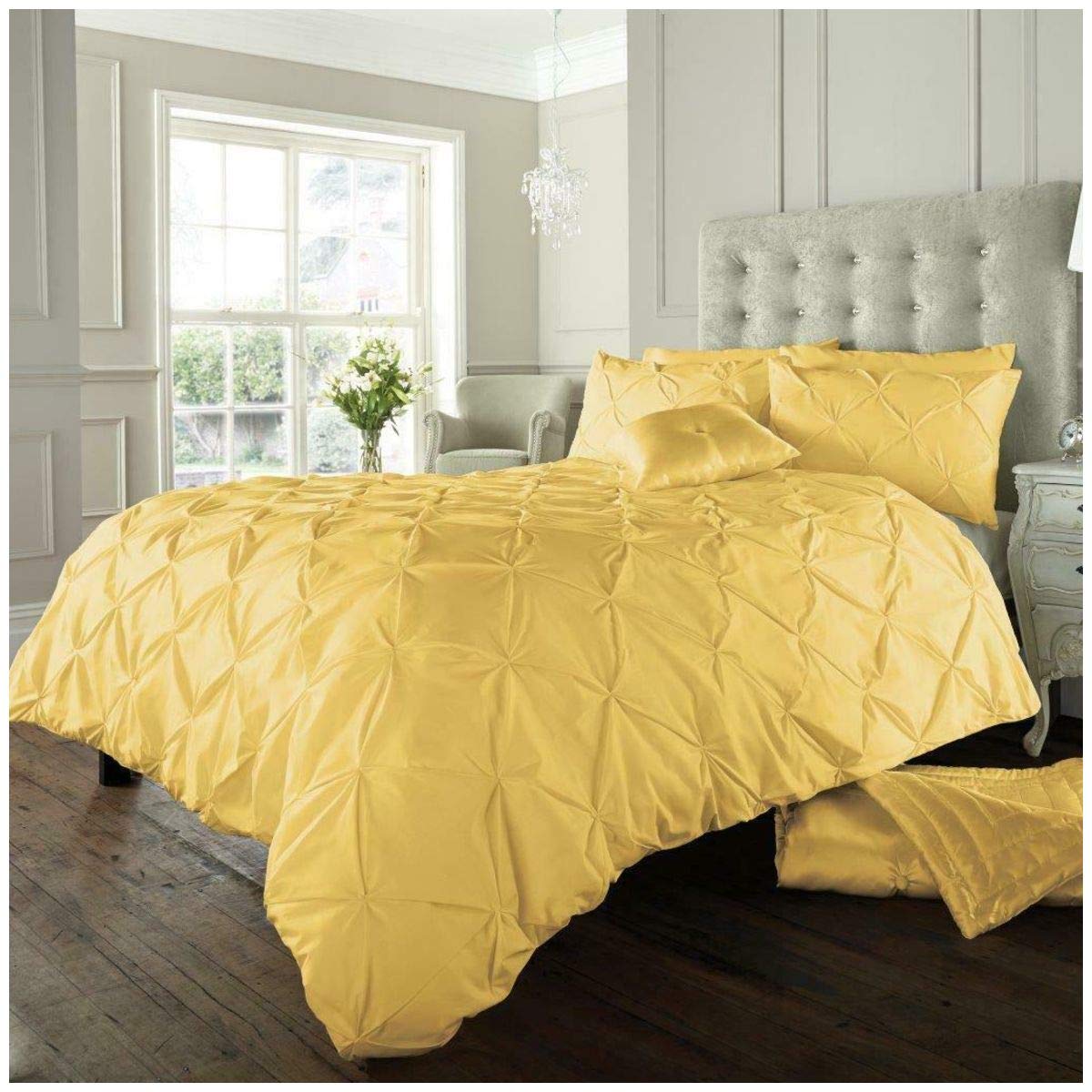 GC GAVENO CAVAILIA Pinch Pleated Double Bedding Set, Diamond Pleat Pintuck Comforter Cover, Soft Polycotton & Breathale Quilt Cover, Ochre