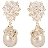 Pearl Bridal Wedding Earrings Dangling Cubic Zirconia and Water Drop Pearls Dangle Earrings for Brides Bridesmaid