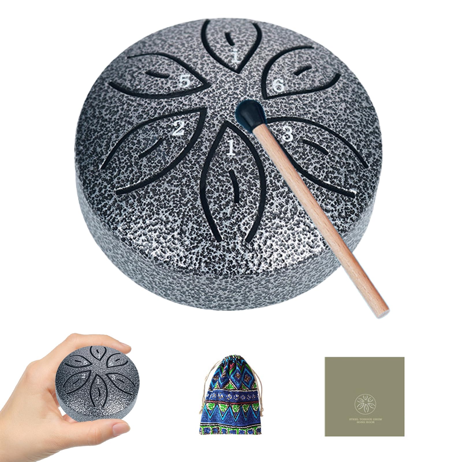 TINGSING Rain Drum for Outside Garden, 3 Inches 6 Notes Steel Tongue Drum Rain Chime Handpan with Cloth Bag, Mallets, Music Book, Musical Instrument for Adult Gift, Silver