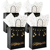 Triwin 24pcs Eid Mubarak Gift Bags with Tissue Paper Ramadan Gift Wrap Bags with Handles Double-side Hot Stamping Font Party Favor Tote Bag Packs for Eid Event Muslim Party Decor