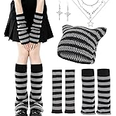 Zhamate Y2K Striped Crochet Beanie Hats Set Cat Beanie Accessories with Arm and Leg Warmers Necklaces Star Earrings for Women