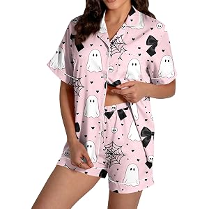ASUIU Halloween Pajamas Women Ghost Pumpkin Print 2026 Matching Lounge Funny Cute Fall Short Sleeve Satin Silk