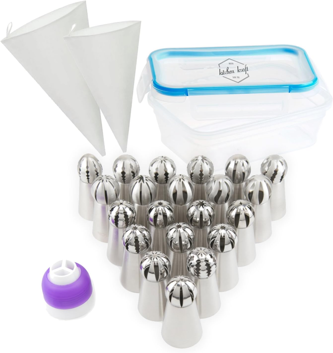 Sphere Russian Piping Tips 25 pcs Set - Includes 21 Cake Icing Tips, 2 Canvas Piping Bags, and 2 Piping Coupler - COMPLETE Frosting Nozzle Set for Pastry Cakes Baking Fondant Cupcakes DIY Baking