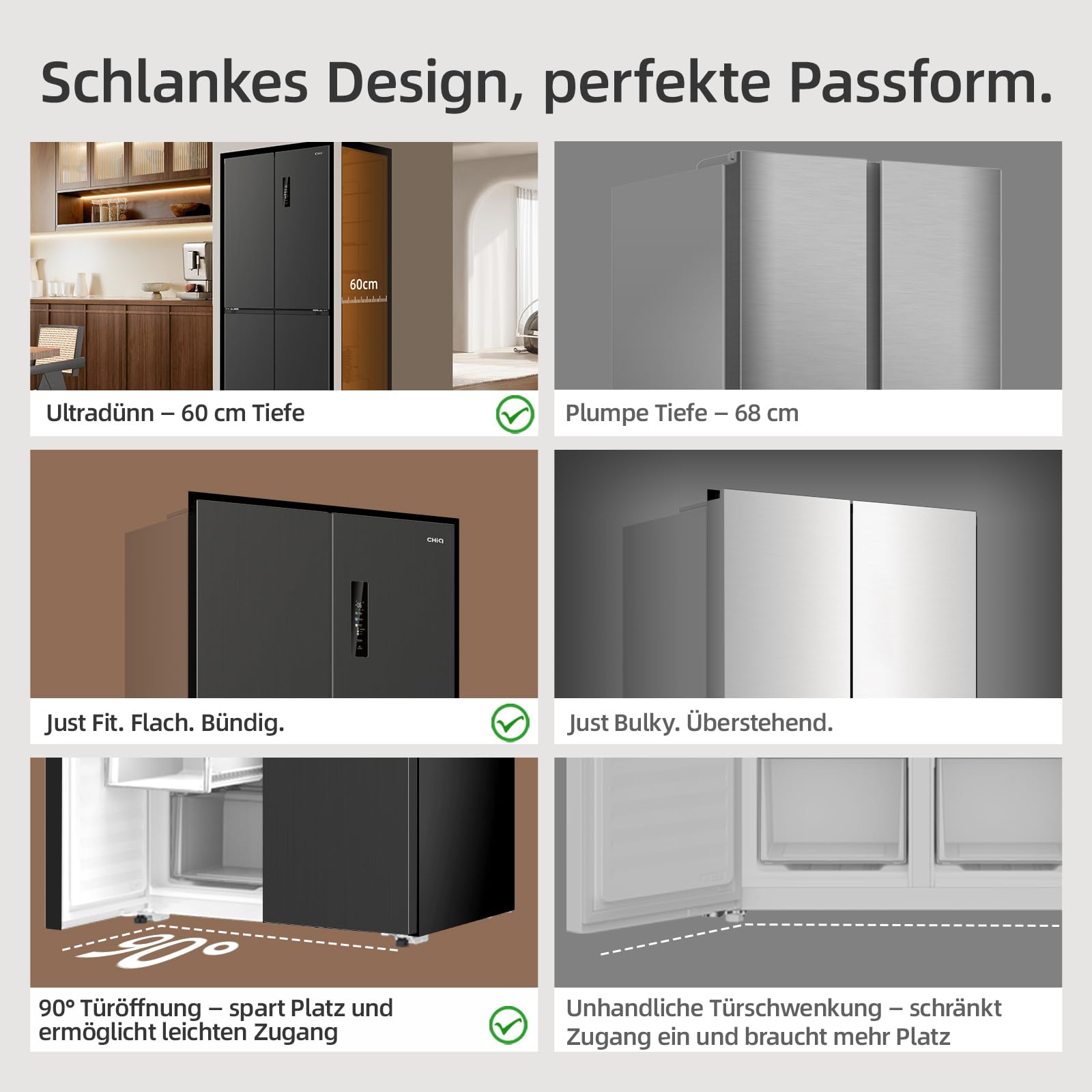 CHiQ Cross Door Kühlschrank, No Frost, 458L JustFit, MultiAirflow-System 5