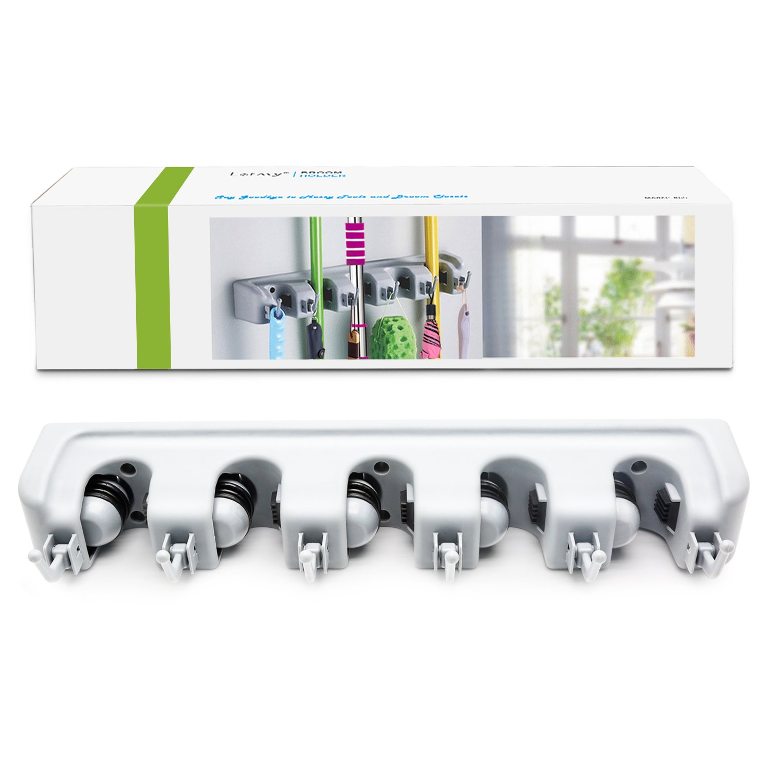 LETMY Broom Holder Wall Mounted - Mop and Broom Hanger Holder - Garage Storage Rack&Garden Tool Organizer - 5 Position 6 Hooks for Home, kitchen, Garden, Tools, Garage Organizing