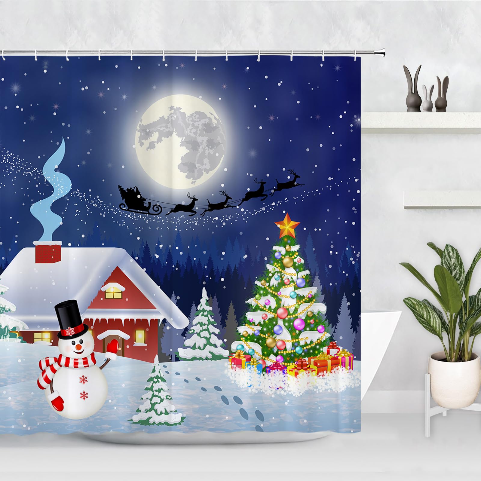 Gaakvrr Christmas Shower Curtain, Winter Season Snowman Xmas Tree Santa Sleigh Moon Present Boxes Snow and Stars, Cloth Fabric Bathroom Decor Set with Hooks 200x180cm