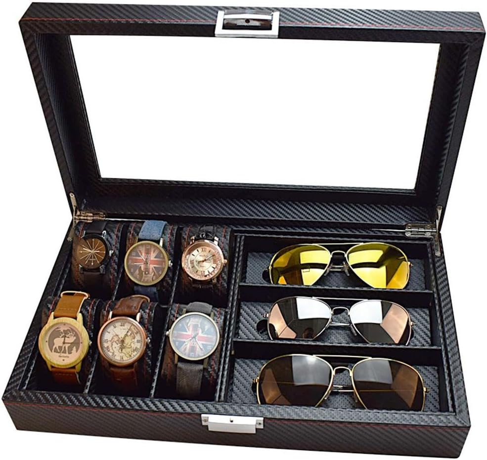 Carbon Fiber 6-bit watch + 3-bit glasses storage box/sunglasses storage display box, holiday gift, wearable and durable