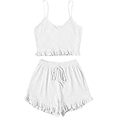 Avanova Women Sexy 2 Piece Pajama Set Ruffle Trim Cami Top and Shorts Sleepwear Set