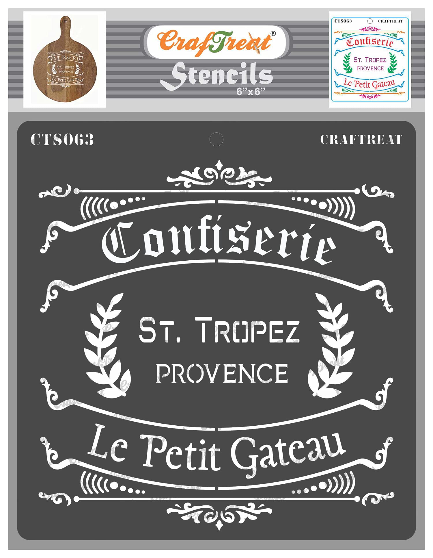 CrafTreat French Stencils for Crafts Reusable Vintage - Confiserie - Size: 6X6 Inches - French Stencils for Furniture Painting - French Style Stencils for Painting on Concrete, Canvas, Fabric, Wood