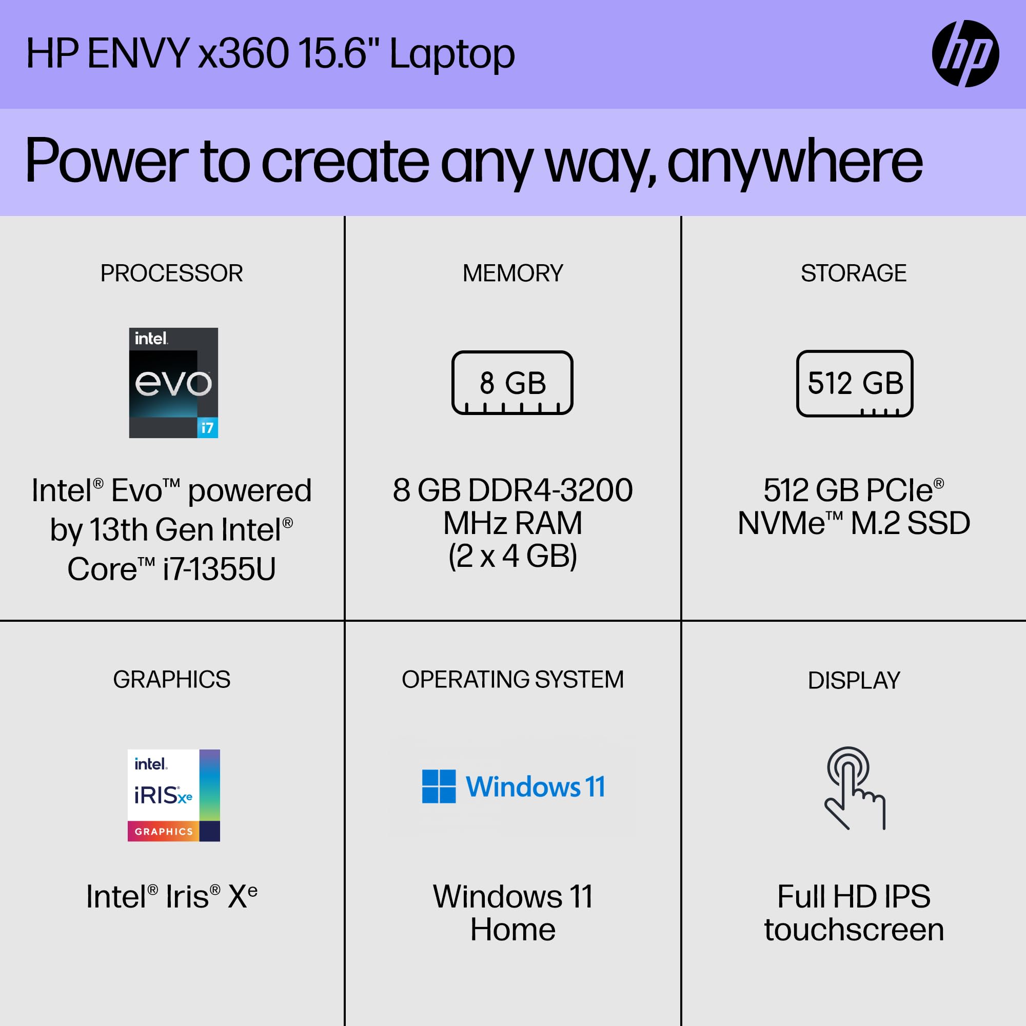 HP ENVY x360 15 inch Laptop, FHD Touch Display, Intel Evo powered by 13th Gen Intel Core i7-1355U, 8 GB RAM, 512 GB SSD, Intel Iris Xe Graphics, Windows 11 Home, 15-ew1010nr (2023), silver