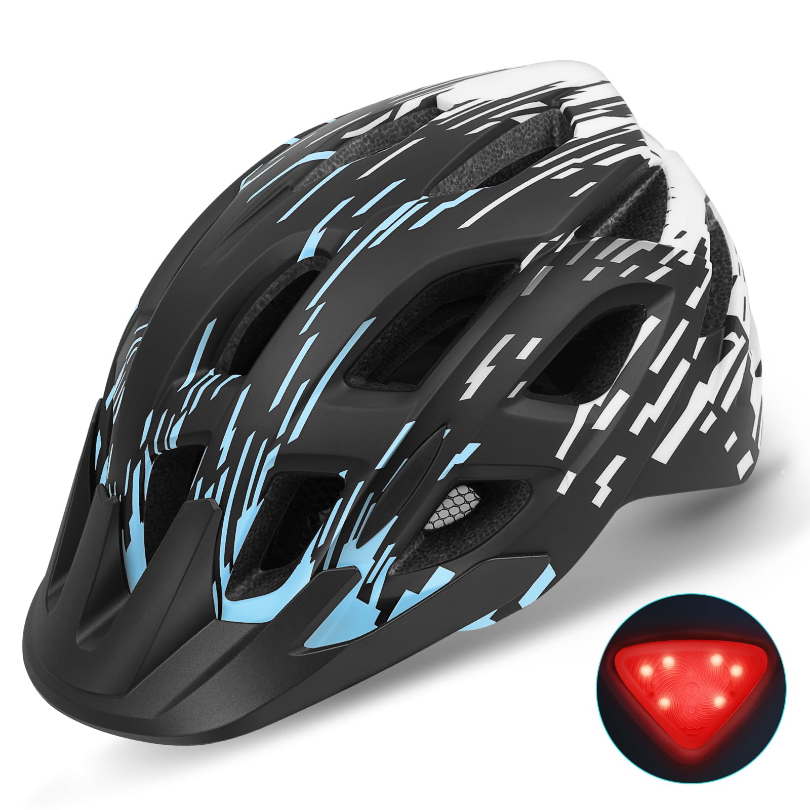 Bike Helmet, Lightweight Bicycle Helmets with Tail Light & Detachable Visor, 21 Vents Cycling Helmet for Adults, Mountain & Road Cycle Helmet for Men Women Adjustable Size 57-61cm (Black+Blue)